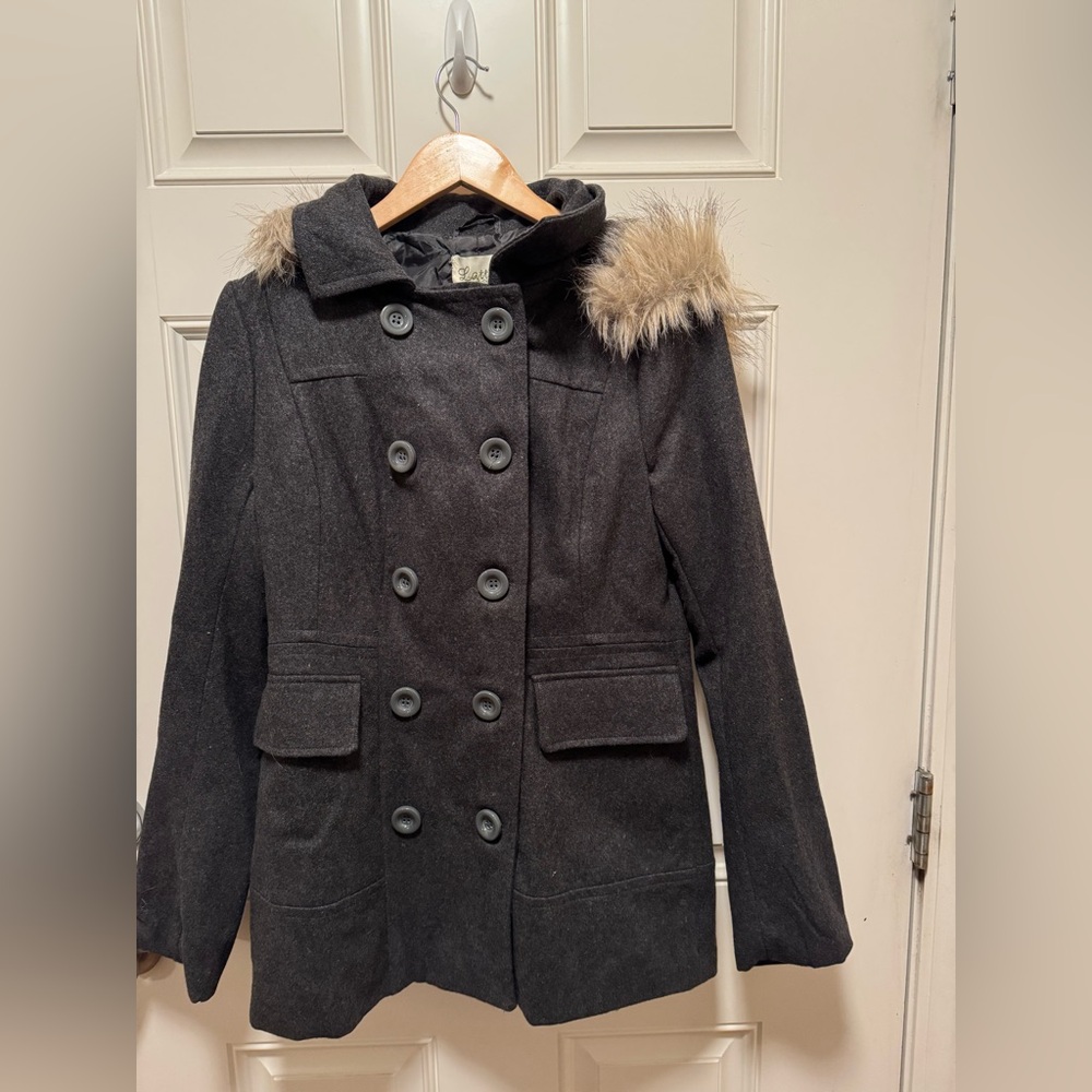 Latte by coffee shop gray fur trim hood pea coat size medium wool blend